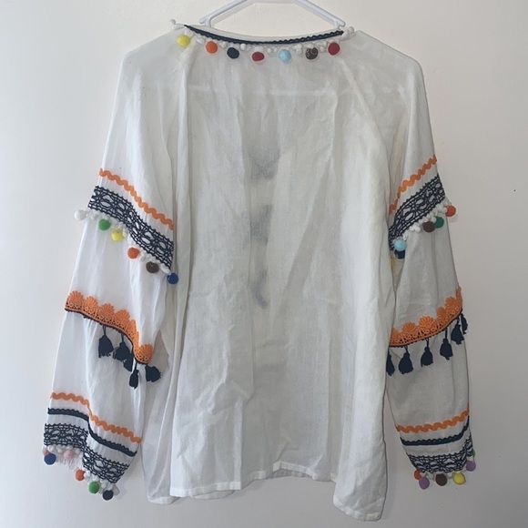 Dodo Bar Or Yehoray Blouse With Colorful Pom Poms Lace Up Cotton Fiesta Top - Picture 9 of 10